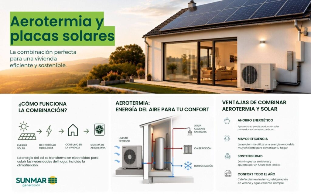 Aerotermia y placas solares combinadas para mejorar la eficiencia energética de una vivienda